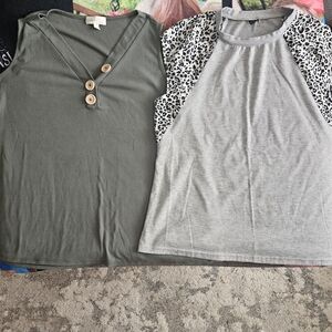Womens Olive Green Ribbed Button-Front Top & Gray Leopard Raglan Tee Set
